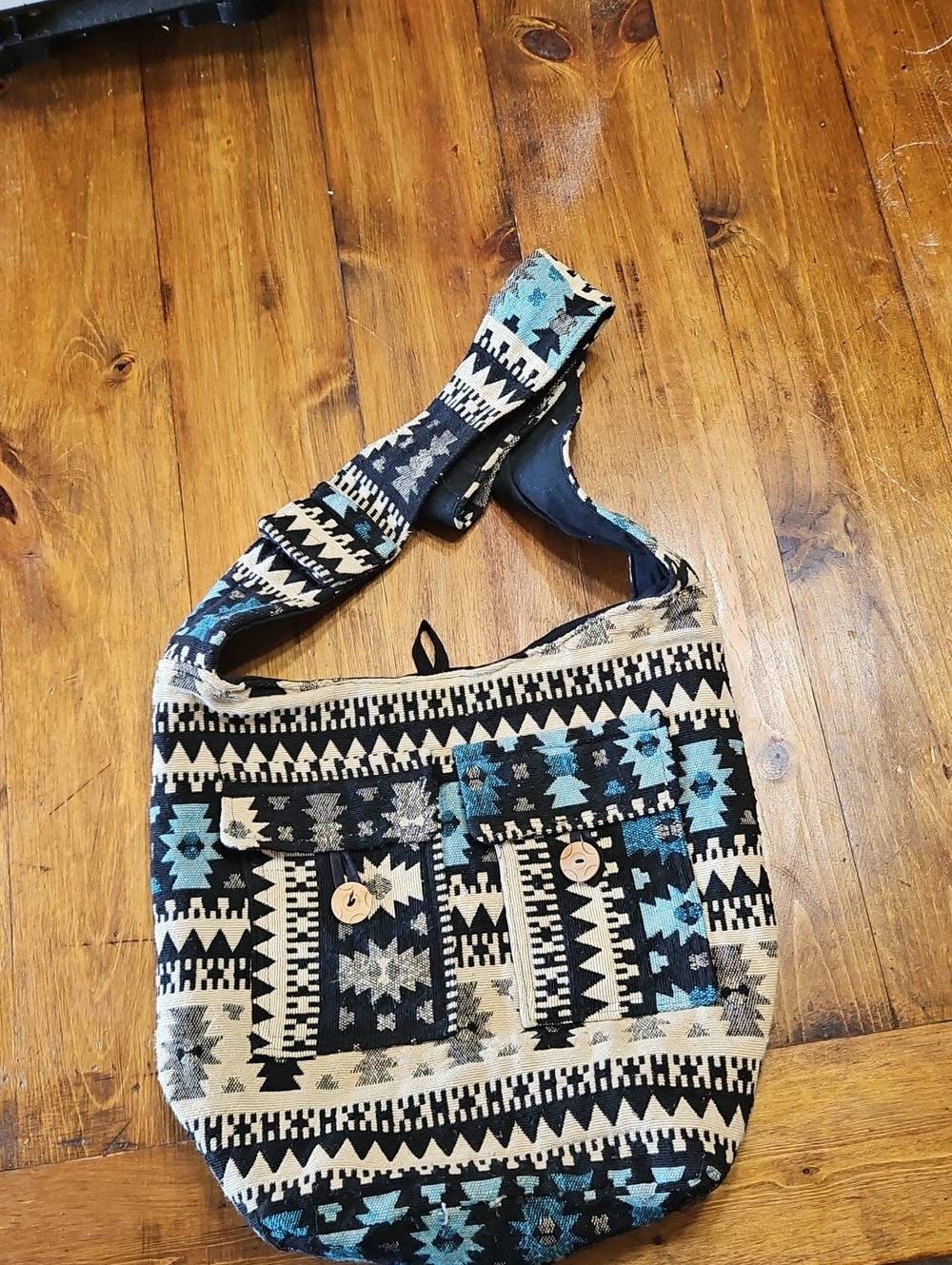 Boho Aztec Pattern Crossbody Bag in Black, Cream & Teal